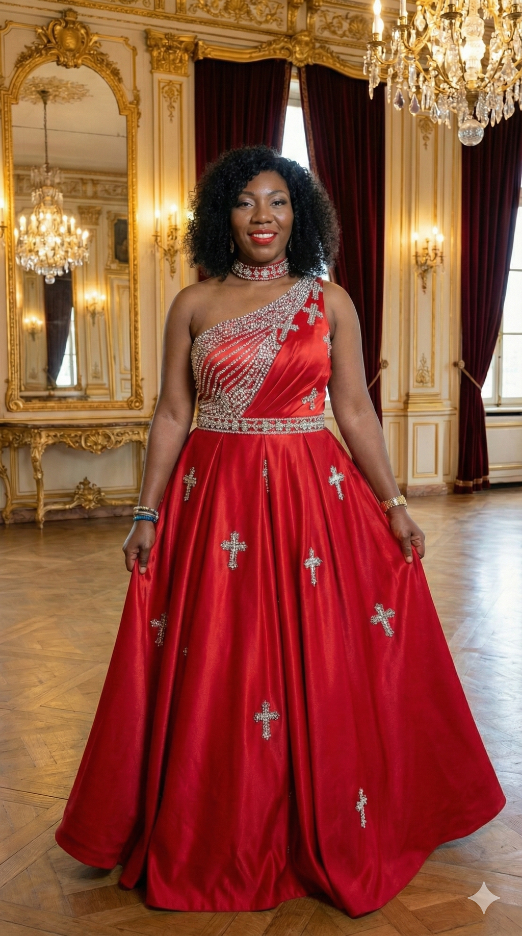 One-Shoulder Crystal Cross Ball Gown