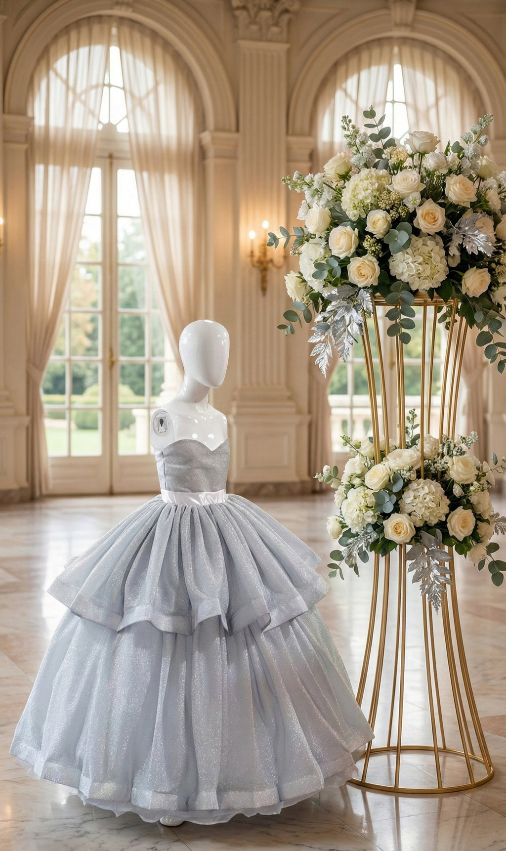 Silver Glitter Girls Ballgown – Sparkly Princess Flower Girl Dress & Kids Formal Party Gown