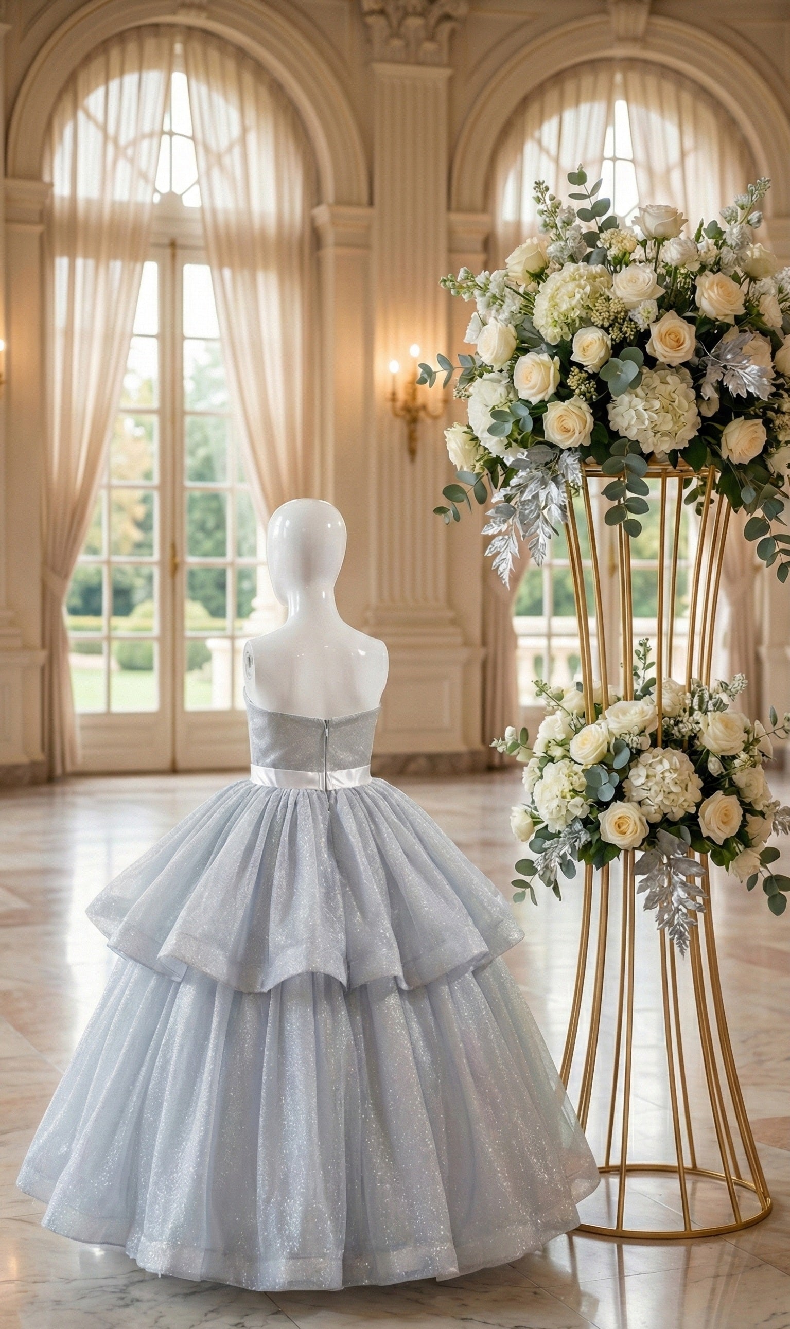 Silver Glitter Girls Ballgown – Sparkly Princess Flower Girl Dress & Kids Formal Party Gown