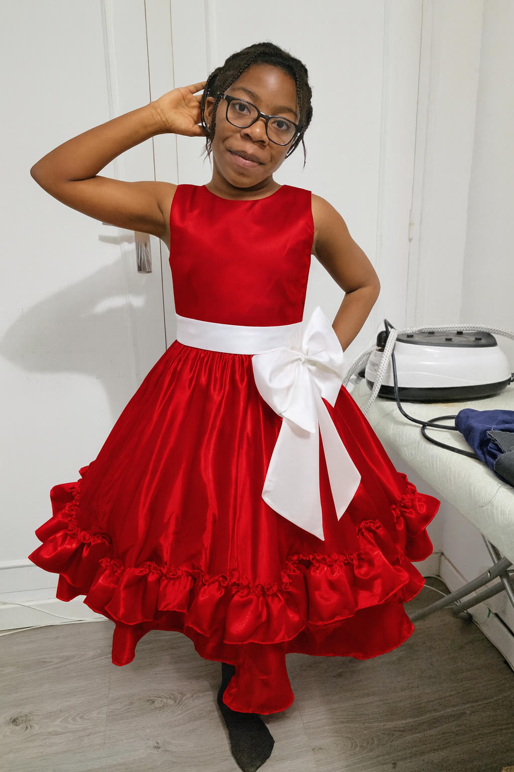 Red Satin Girls Ceremony Dress with White Bow – Elegant Princess Dress