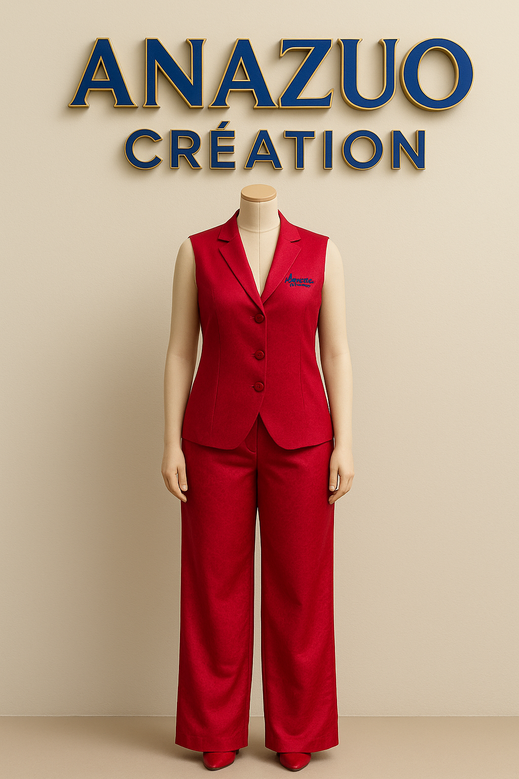 Elegant Red Cashmere Pantsuit – Women’s Tailored Sleeveless Blazer Set