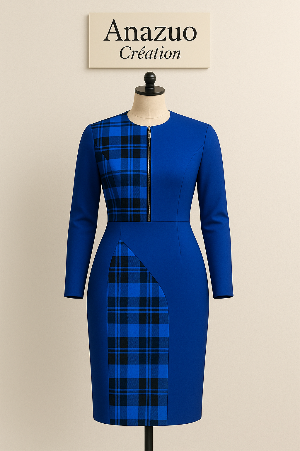 Elegant Blue & Black Check Dress – Custom Tailored Fit