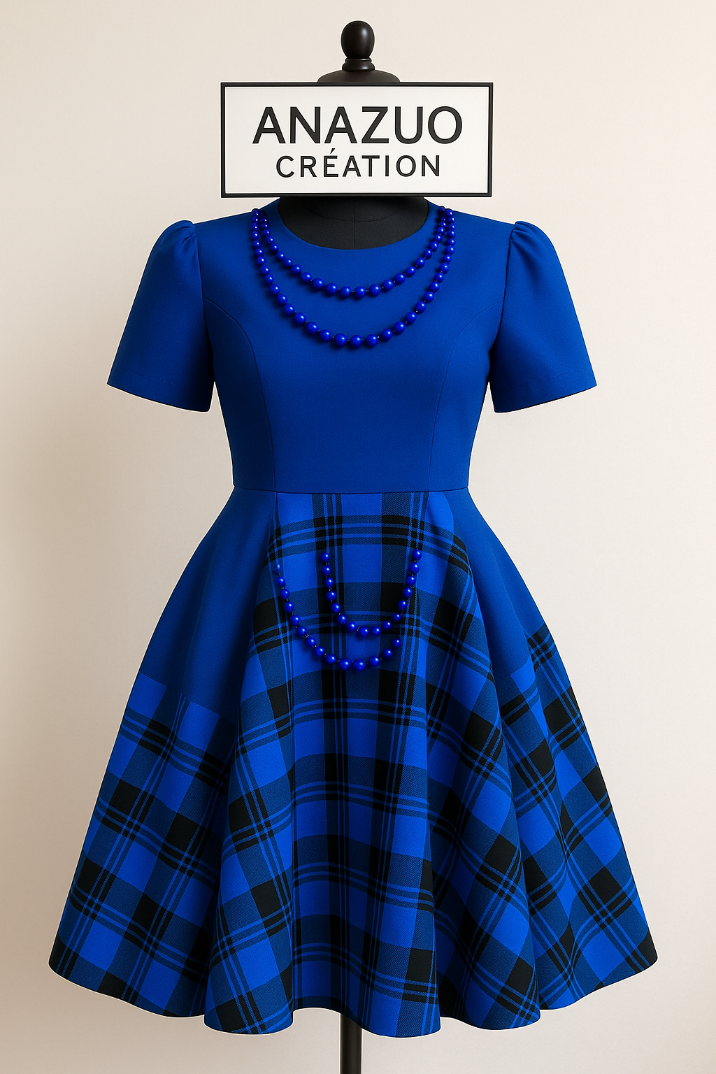 Elegant Blue & Black Check Dress – Custom Tailored Fit