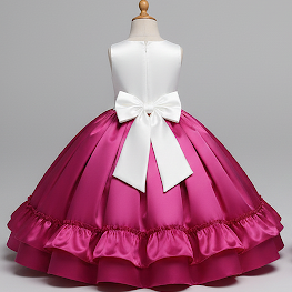 Red Satin Girls Ceremony Dress with White Bow – Elegant Princess Dress