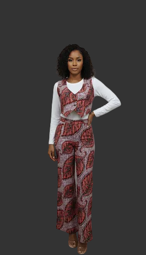 Rust Leaf Print Co-ord Set – Tailored Waistcoat & Wide Leg Trousers, 50% OFF LIMMITED TIME