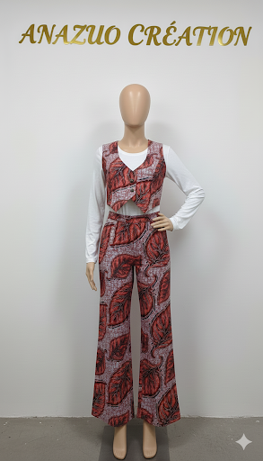 Rust Leaf Print Co-ord Set – Tailored Waistcoat & Wide Leg Trousers, 50% OFF LIMMITED TIME